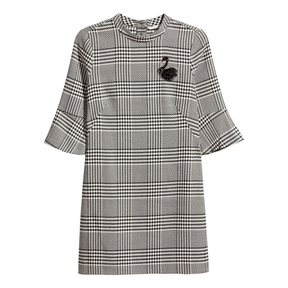 H&M Black White Houndstooth Dress Mock Neck Bell Sleeve Swan Brooch Mini Size 2